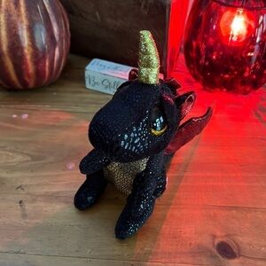 Ty Beanie Boos Grindal Dragon Unicorn Plush Black Gold Red Wings 2021 6" TAG